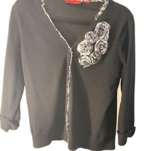 Vintage “Red “ Black /White Solid Cardigan W/ 2 D Rosettes & Fringe Sz L